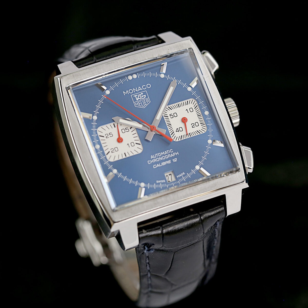 TAG Heuer Monaco Calibre 12, FULL SET, Blaues Blatt, Glasboden, LC100