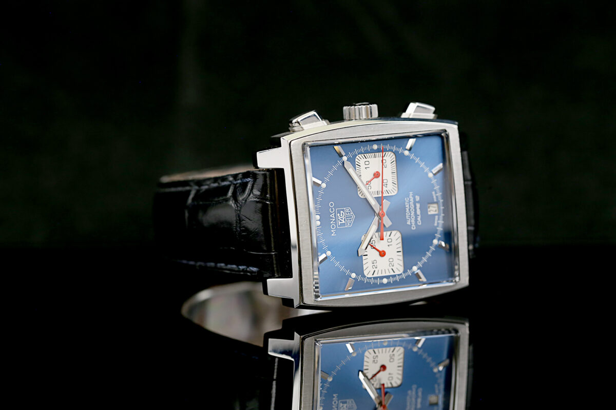 TAG Heuer Monaco Calibre 12, FULL SET, Blaues Blatt, Glasboden, LC100 – Bild 9