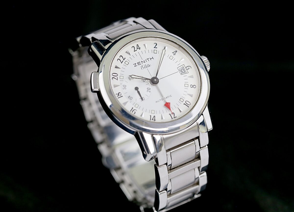 Zenith Port Royal, 01/02.0451.682 Box + Papiere Elite Port Royal V, Dual Time, 38mm, GMT, Silver dial, Automatic, open caseback